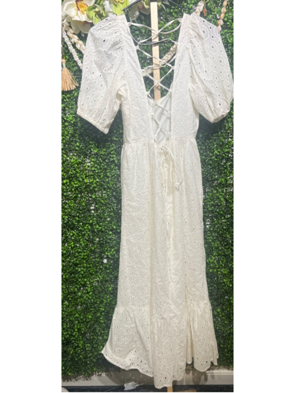 Women's ASOS White Eyelet Puff Sleeve Lace-Up Back Maxi Dress Size 4 Summer Day - Picture 7 of 10